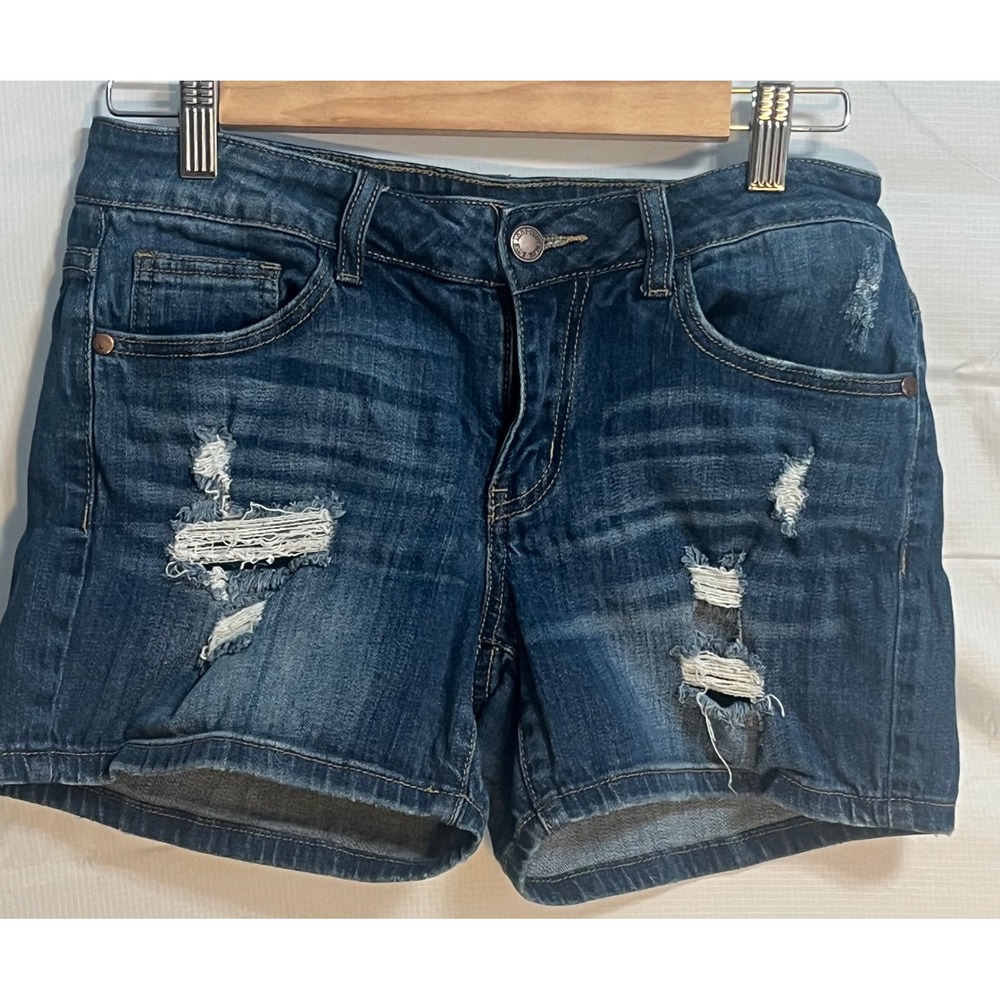 Judy Blue Distressed Denim Shorts Dark Wash Mid Rise Jean Shorts Womens Sz 29 MD